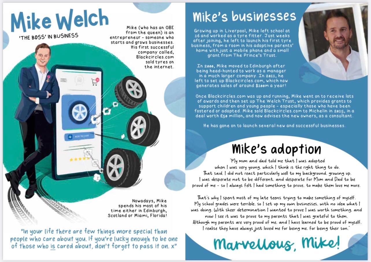 Mike Welch's pages in Bravely Being Me: his illustrated portrait, the story of his businesses and his adoption story