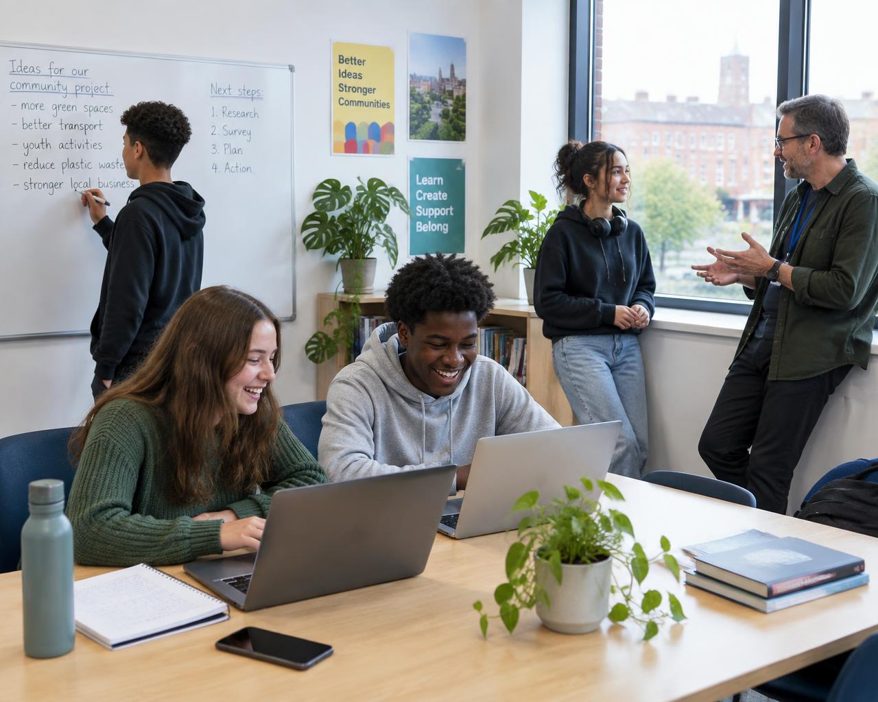 Teenagers in a community learning centre: one writing on a whiteboard, two laughing over laptops, one talking with a mentor by the window