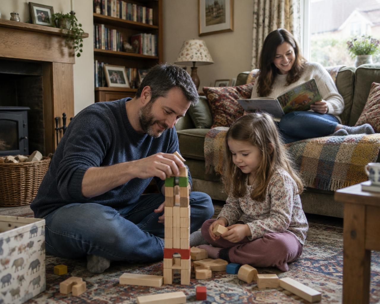 An adoptive father building a tower of wooden blocks with his young daughter on the living room floor, her mother reading on the sofa behind them